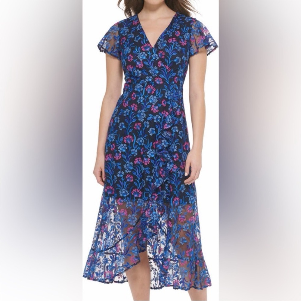 Kensie Blue and Pink Embroidered Floral Maxi Dress